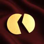 Masaira Myra gold-plated marquise open-frame earrings with three round coin discs on deep maroon satin