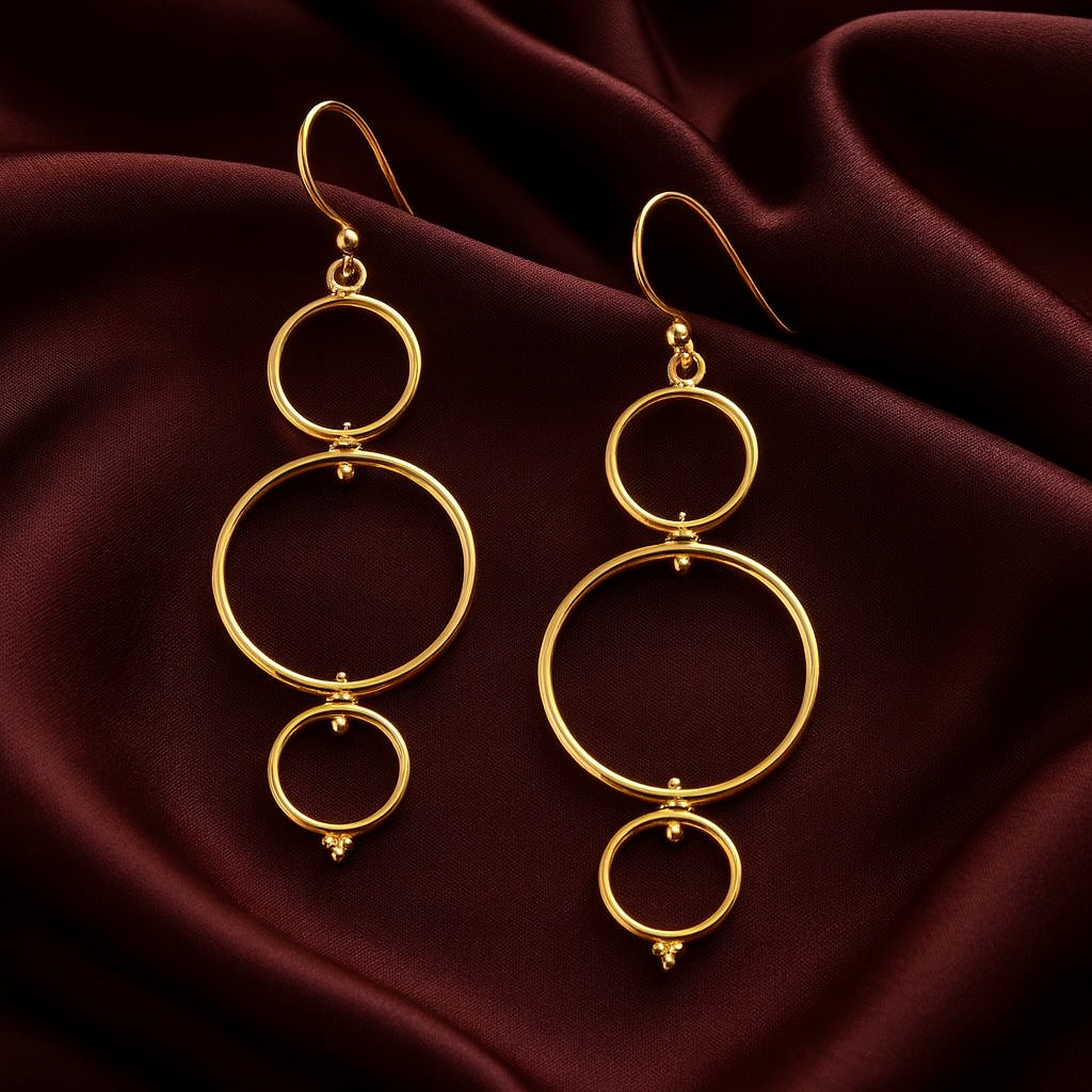 Gold-plated cascading hoop earrings with four concentric circles on deep maroon satin background