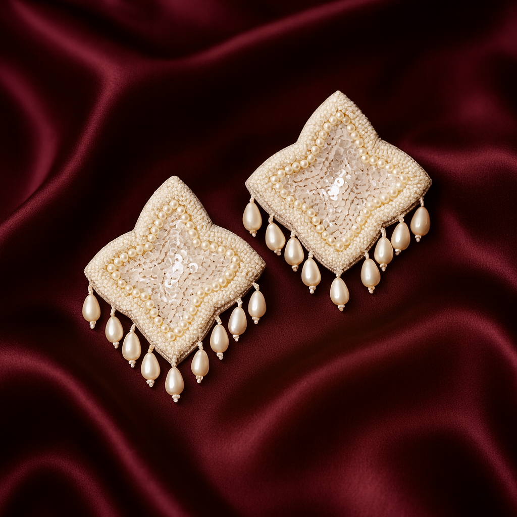 Pair of pearl and sequin beaded statement earrings placed on rich maroon satin fabric.