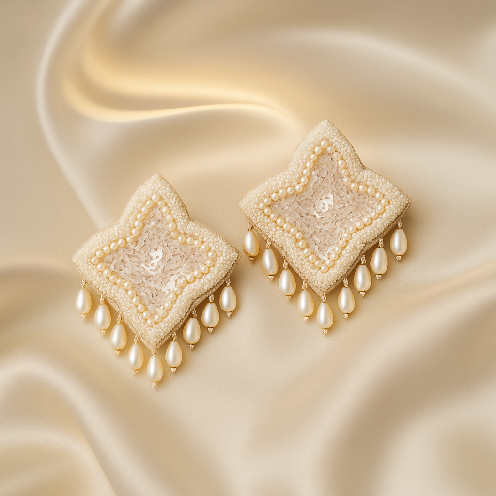 Handcrafted ivory beaded statement earrings with star-shaped sequins and pearl drop accents on a satin background.