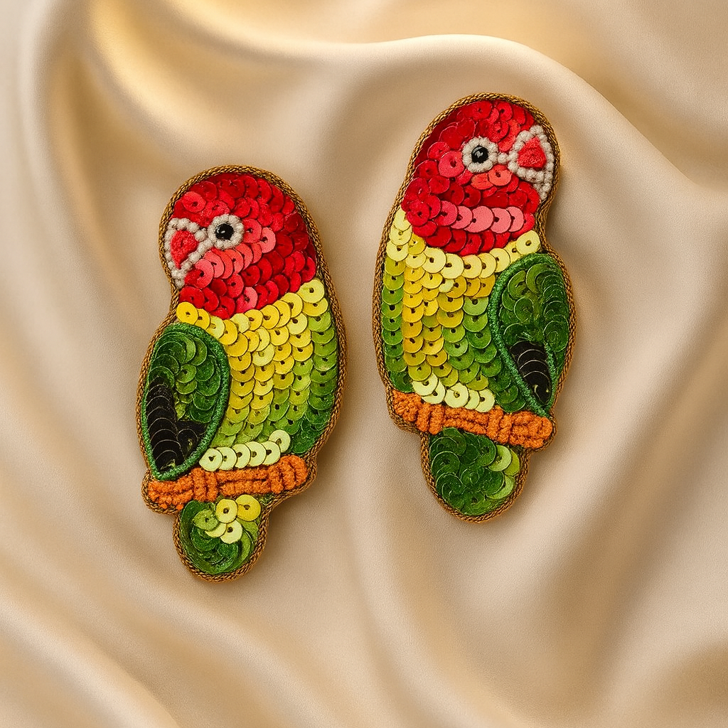 A pair of handcrafted beaded earrings shaped like colorful parrots, featuring red, green, yellow, and orange sequins, placed on a luxurious champagne satin background.