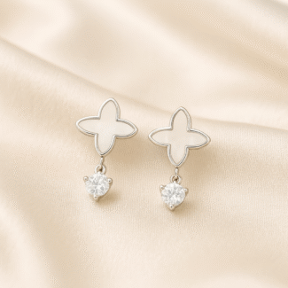 Pearl Blossom Drops in 92.5 silver with enamel floral studs and CZ danglers, hypoallergenic and anti-tarnish — Masaira