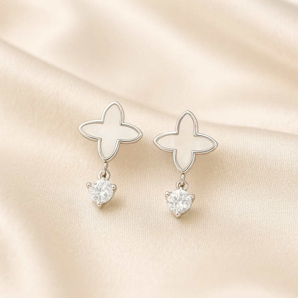 Pearl Blossom Drops | 92.5 Silver Floral Earrings with CZ | Anti-Tarnish & Hypoallergenic Pearl Blossom Drops in 92.5 silver with enamel floral studs and CZ danglers, hypoallergenic and anti-tarnish — Masaira