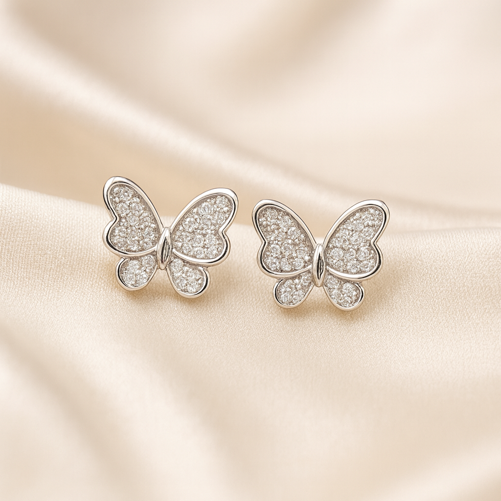 Ethereal Butterfly Studs in 92.5 silver with pavé-set stones, hypoallergenic and anti-tarnish — Masaira