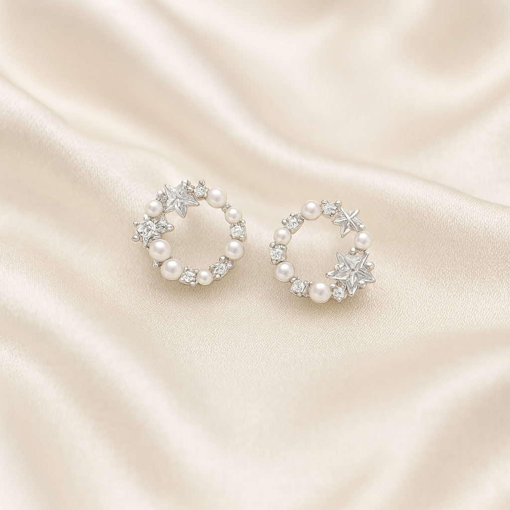92.5 sterling silver circular stud earrings with pearls, stars, and cubic zirconia, hypoallergenic and anti-tarnish — Masaira