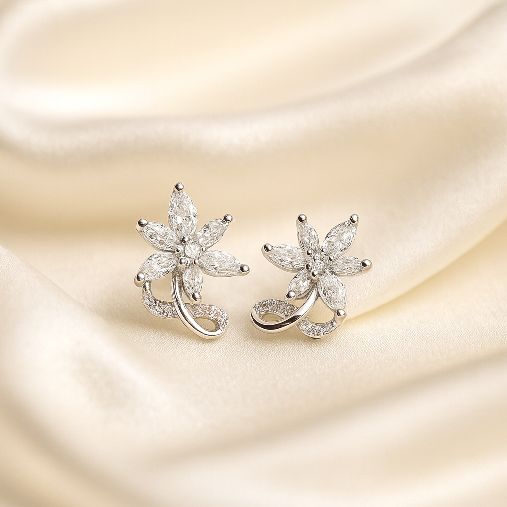 92.5 sterling silver floral stud earrings with marquise-cut stones, anti-tarnish and hypoallergenic — Masaira