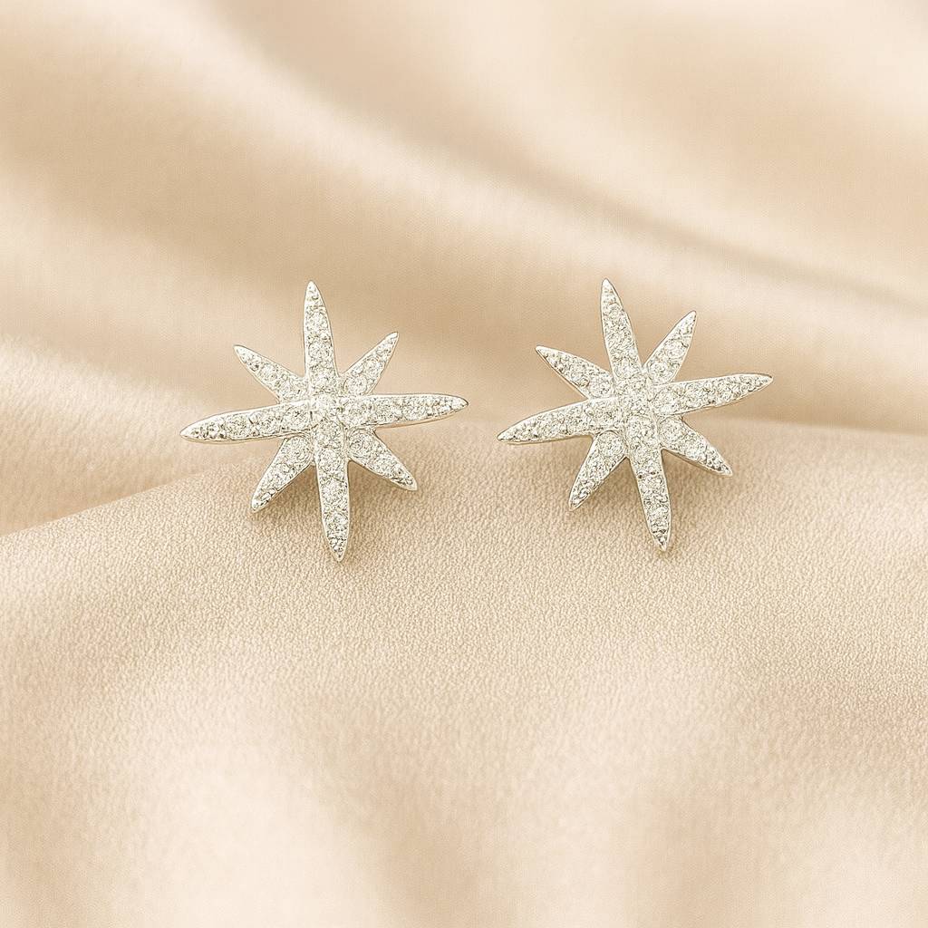 Celestial Radiance Studs in 92.5 silver with pavé CZ starburst design, hypoallergenic and anti-tarnish — Masaira