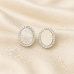 Lustrous Elegance earrings in 92.5 silver with oval mother-of-pearl center and CZ halo, hypoallergenic and anti-tarnish — Masaira