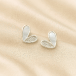 Lustrous Heart Studs in 92.5 silver with half mother-of-pearl and half CZ design, hypoallergenic and anti-tarnish — Masaira