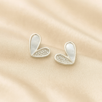 Lustrous Heart Studs in 92.5 silver with half mother-of-pearl and half CZ design, hypoallergenic and anti-tarnish — Masaira