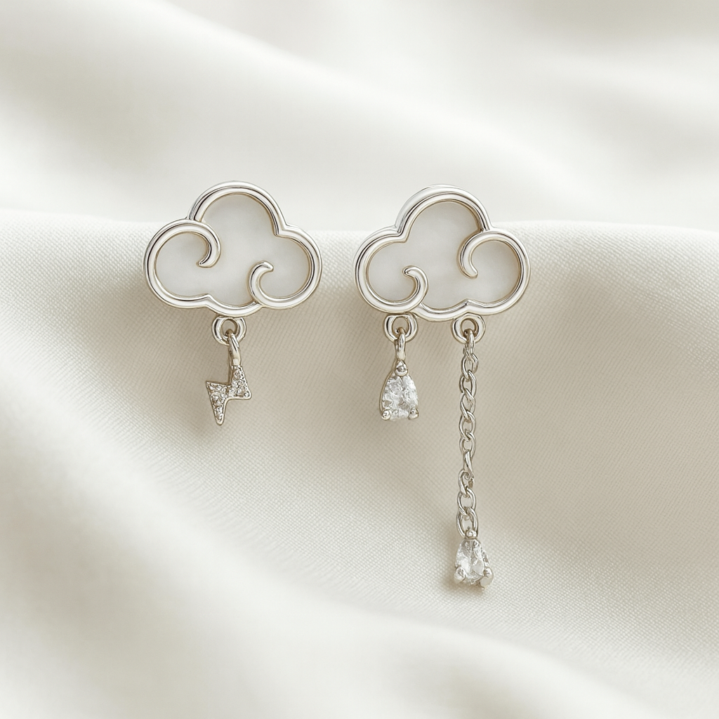 Storm Whisper Studs in 92.5 silver with enamel cloud tops and asymmetric CZ lightning and raindrop charms, hypoallergenic and anti-tarnish — Masaira