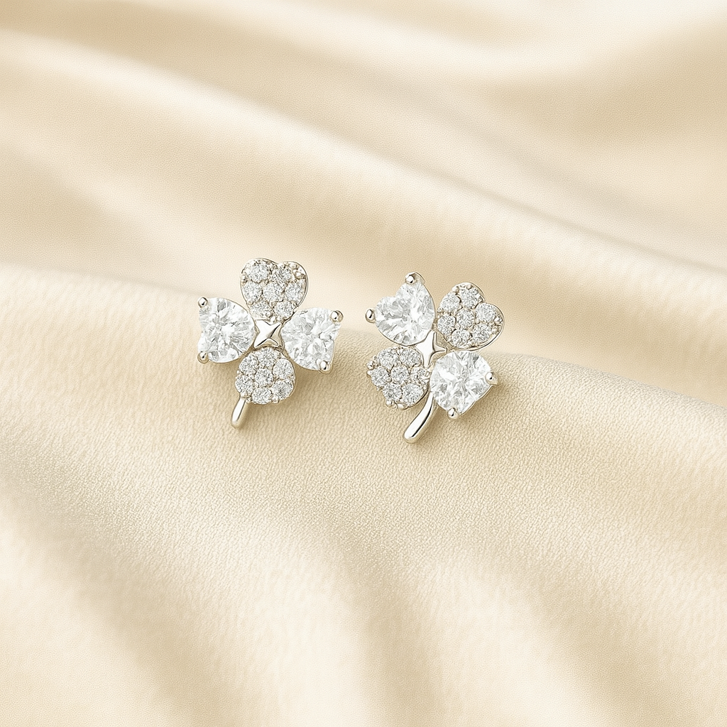 Four Leaves Clover earrings in 92.5 silver with heart-shaped CZ stones forming a clover, hypoallergenic and anti-tarnish — Masaira