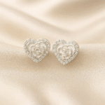 Rosette Heart Studs in 92.5 silver with CZ-studded heart outline and rose-shaped enamel center, hypoallergenic and anti-tarnish — Masaira