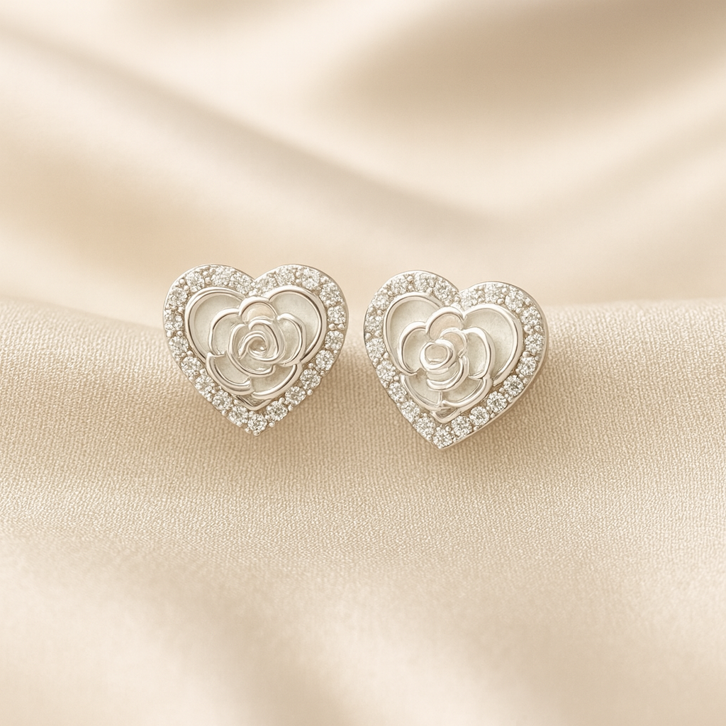 Rosette Heart Studs | 92.5 Silver Earrings with Rose & CZ | Anti-Tarnish & Hypoallergenic Rosette Heart Studs in 92.5 silver with CZ-studded heart outline and rose-shaped enamel center, hypoallergenic and anti-tarnish — Masaira