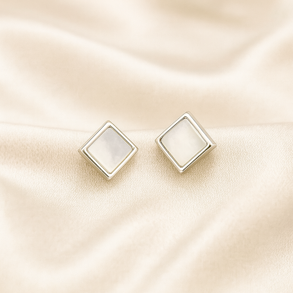 Sleek Sophistication earrings in 92.5 silver with geometric mother-of-pearl square design, hypoallergenic and anti-tarnish — Masaira