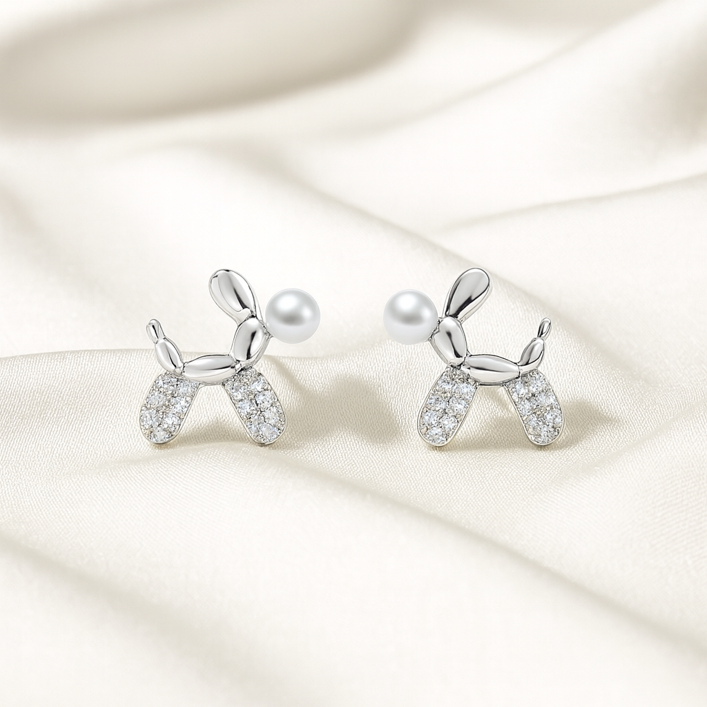 Playful Pooch Studs | 92.5 Silver Balloon Dog Earrings with Pearl & CZ | Anti-Tarnish & Hypoallergenic Playful Pooch Studs in 92.5 silver with balloon dog design, pearl accents, and CZ details, hypoallergenic and anti-tarnish — Masaira