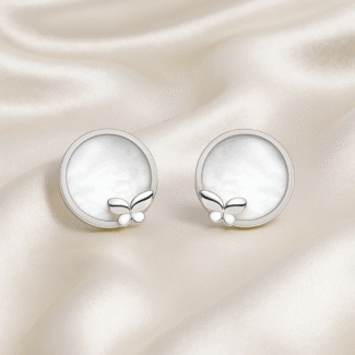 Minimalist Circle Studs in 92.5 silver with mother-of-pearl inlay and butterfly accent, hypoallergenic and anti-tarnish — Masaira