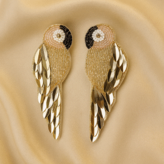 Elegant handcrafted gold parrot earrings with pearl and sequin detailing — Masaira designer statement jewellery