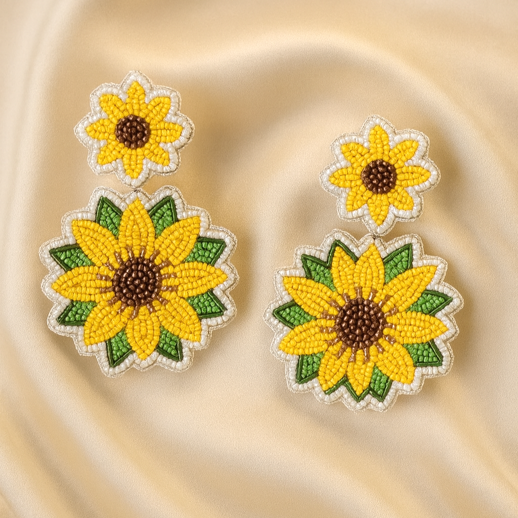 Pair of handcrafted sunflower beaded earrings placed on a luxurious champagne satin fabric.