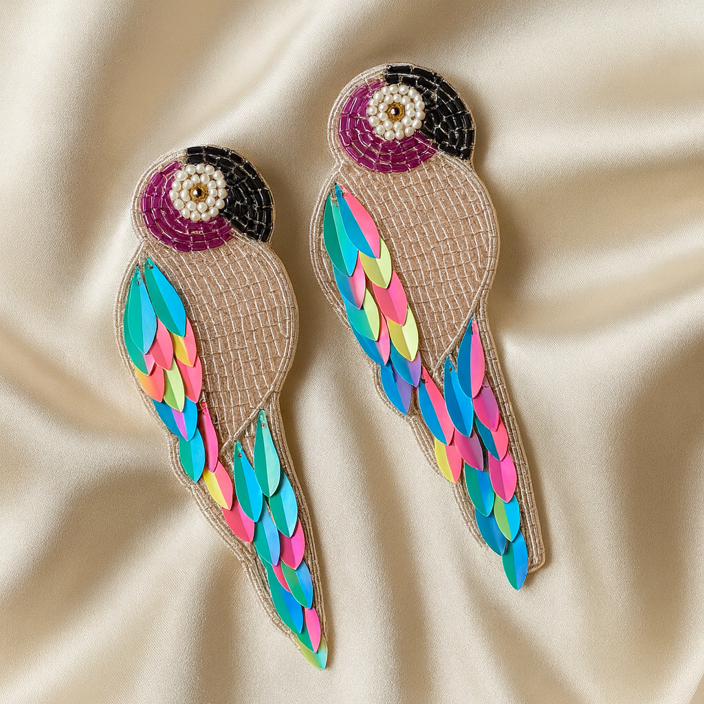Handcrafted multicolour parrot earrings with sequin feather detailing in blue, pink, green, and yellow on champagne satin — Masaira festive jewellery