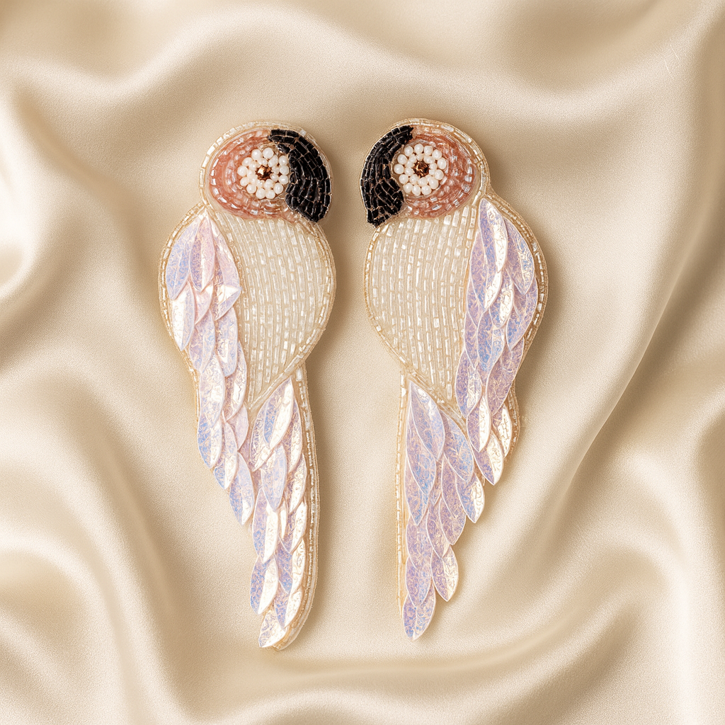 Handmade light pink beaded parrot earrings with shimmering wings placed on a champagne satin background.