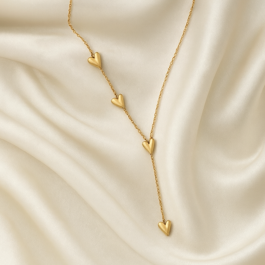 Cascade of Hearts Gold Necklace | 18 Carat Gold Plated | Hypoallergenic 18 carat gold plated necklace with cascading heart motifs on a satin background