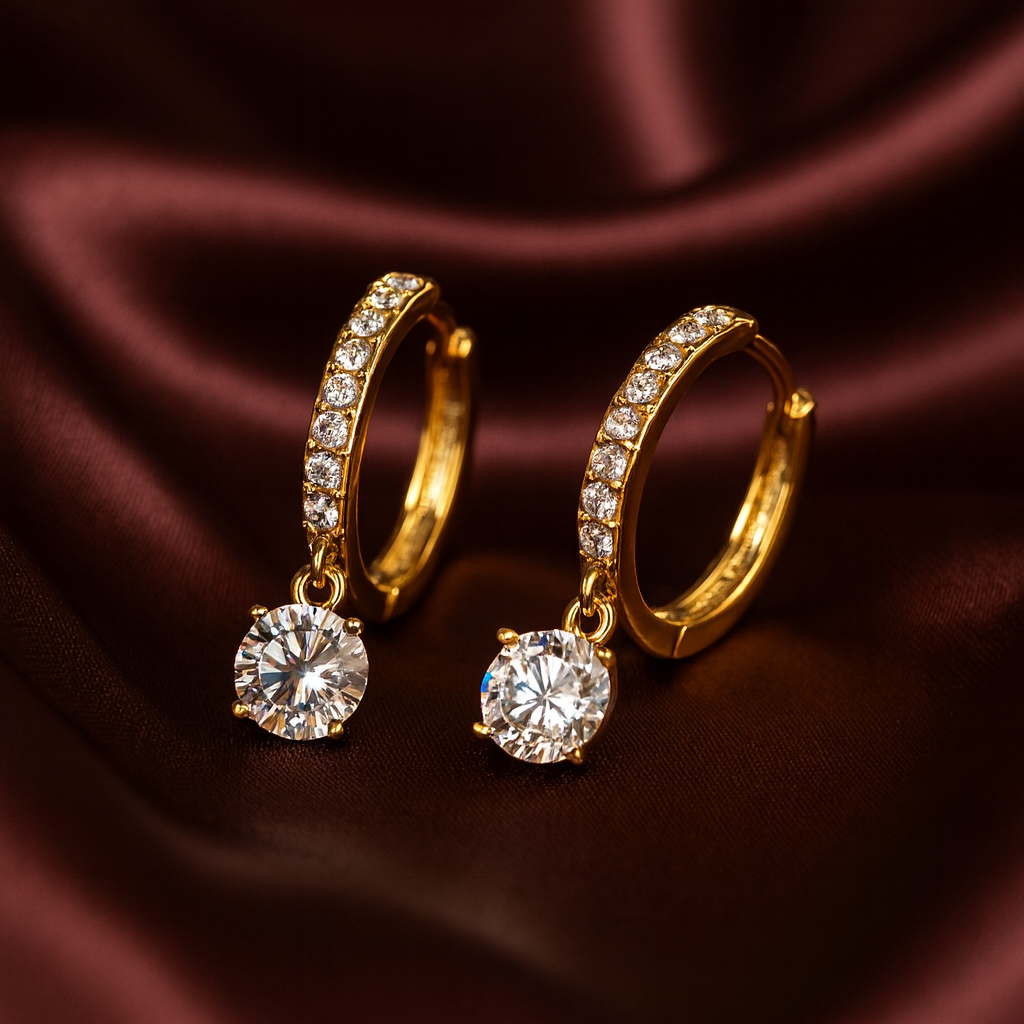 Stellar Hoop | 18 Carat Gold Plated Solitaire Drop Earrings | Hypoallergenic 18 carat gold plated hoop earrings with solitaire cubic zirconia drop