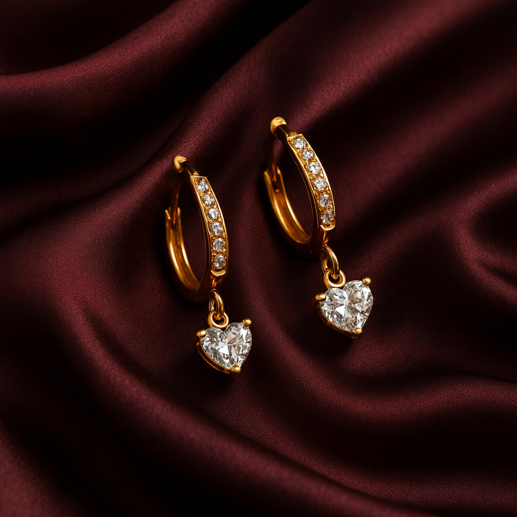 18 carat gold plated hoop earrings with heart-shaped cubic zirconia drop