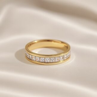 Gold band ring with a row of square-cut clear stones set in the center