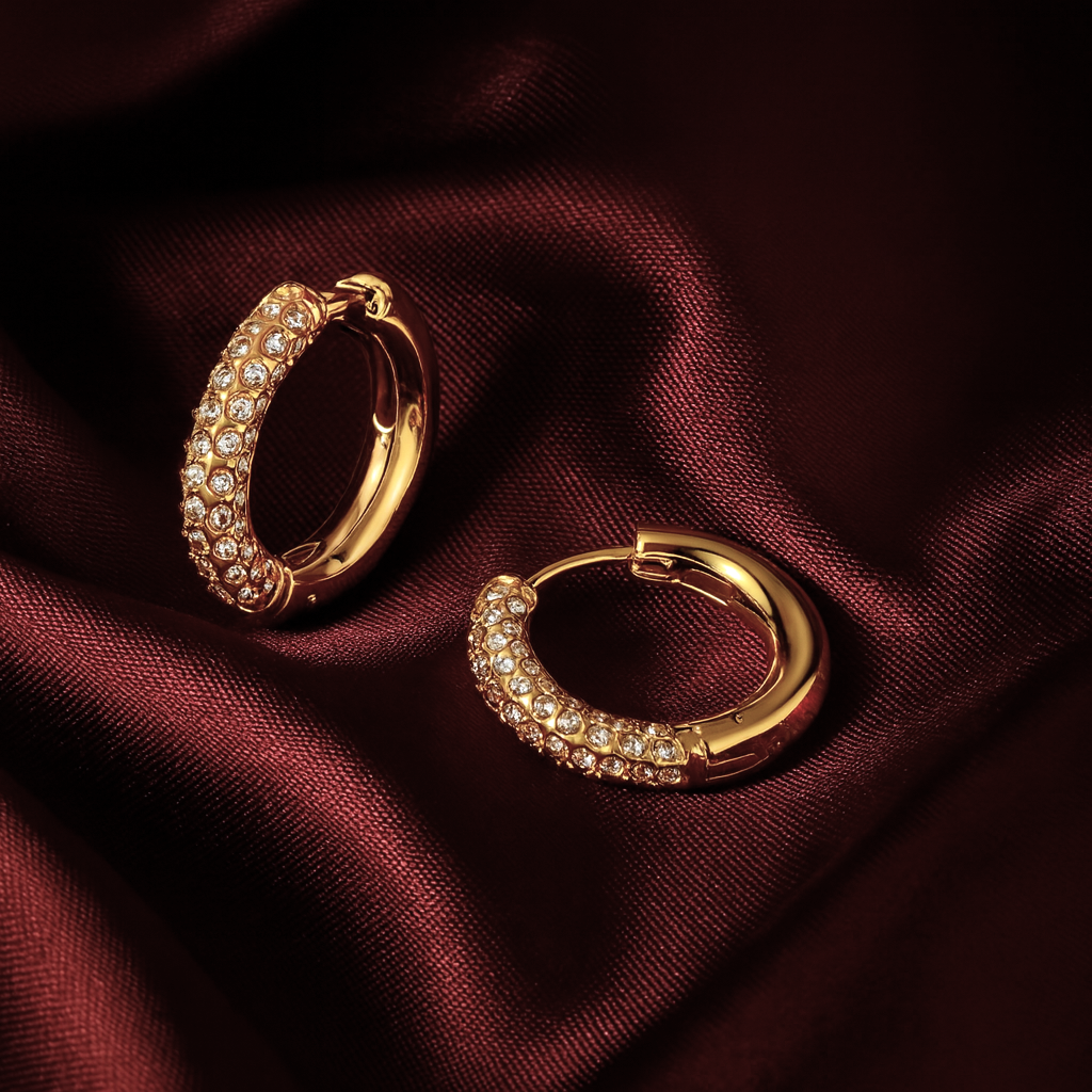 18 carat gold plated hoop earrings encrusted with cubic zirconia stones