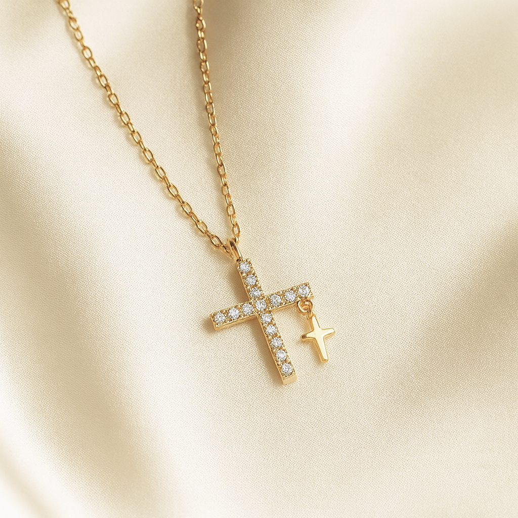 Divine Duo Cross Charm Necklace | 18 Carat Gold Plated | Anti-Tarnish Gold-plated necklace with dual cross charms—one crystal-studded and one plain—on satin background