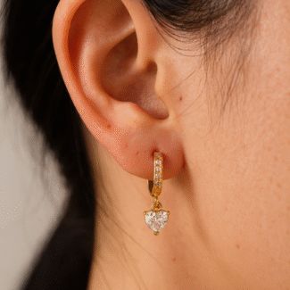 18 carat gold plated hoop earrings with heart-shaped cubic zirconia drop