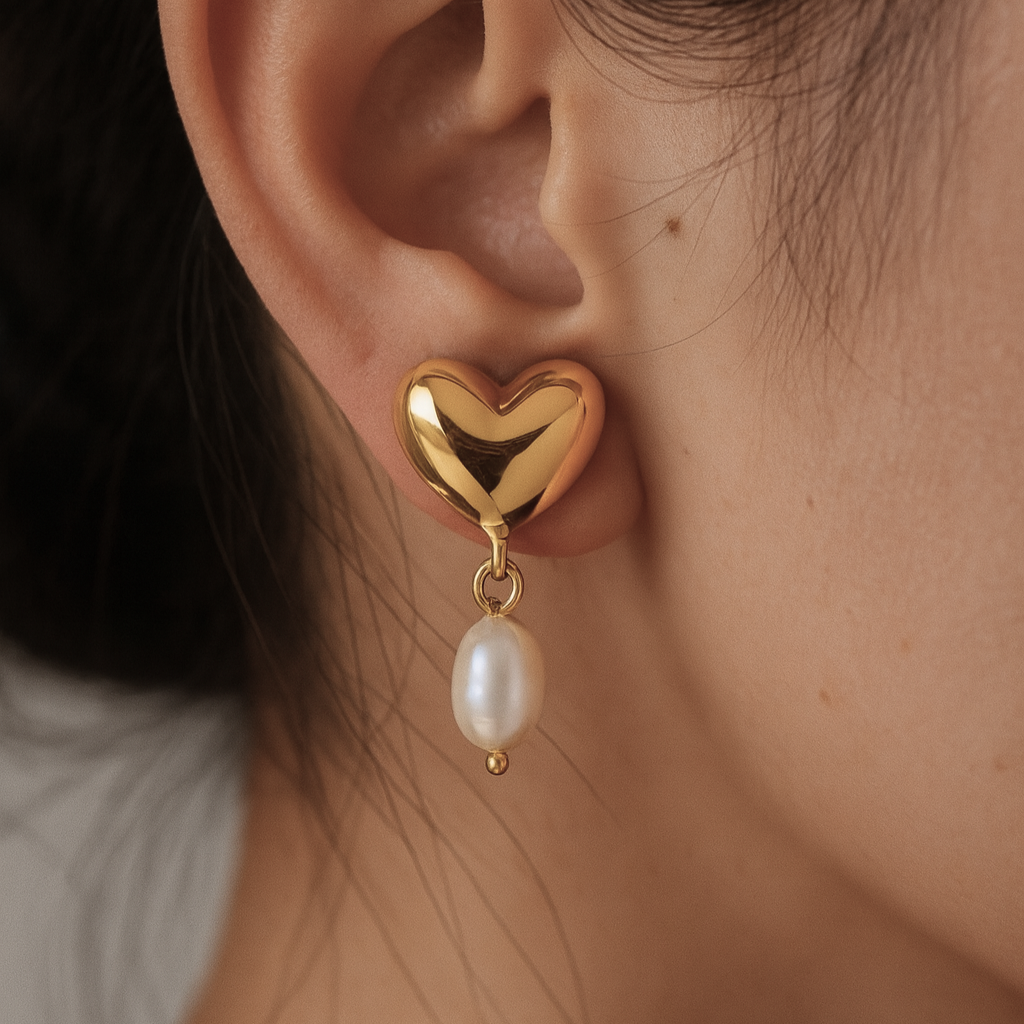18 carat gold plated heart-shaped earrings with freshwater pearl drop