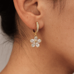 18 carat gold plated hoop earrings with daisy-shaped cubic zirconia floral drop