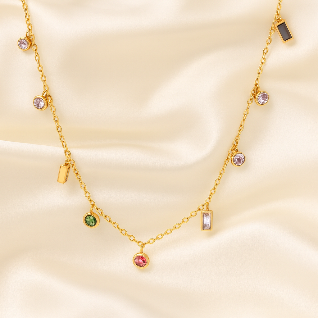 Spectrum Glow Necklace – 18 Carat Gold Plated Multicolored Charm Necklace Gold-plated multicolored charm necklace with cubic zirconia stones