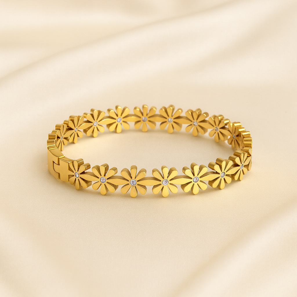 Sunpetal Kids Bracelet – 18 Carat Gold Plated Hypoallergenic Jewelry 18 carat gold plated kids bracelet with floral motifs and stone accents