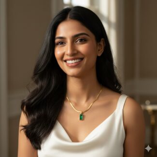 Model wearing 18 carat gold plated necklace with emerald-cut green stone pendant, anti-tarnish and hypoallergenic finish