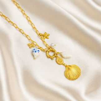 Ocean Whispers Charm Necklace in 18 carat gold with pearl and shell charms