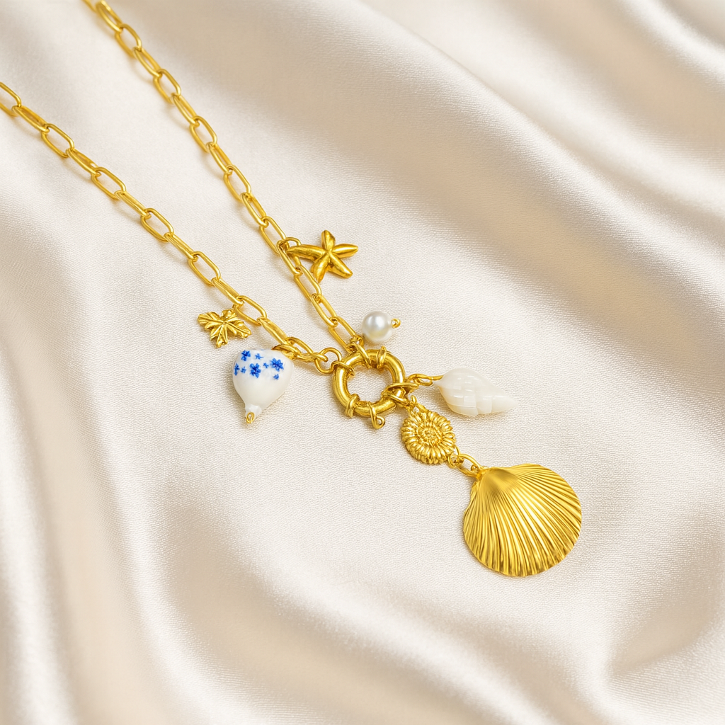 Ocean Whispers Charm Necklace in 18 carat gold with pearl and shell charms