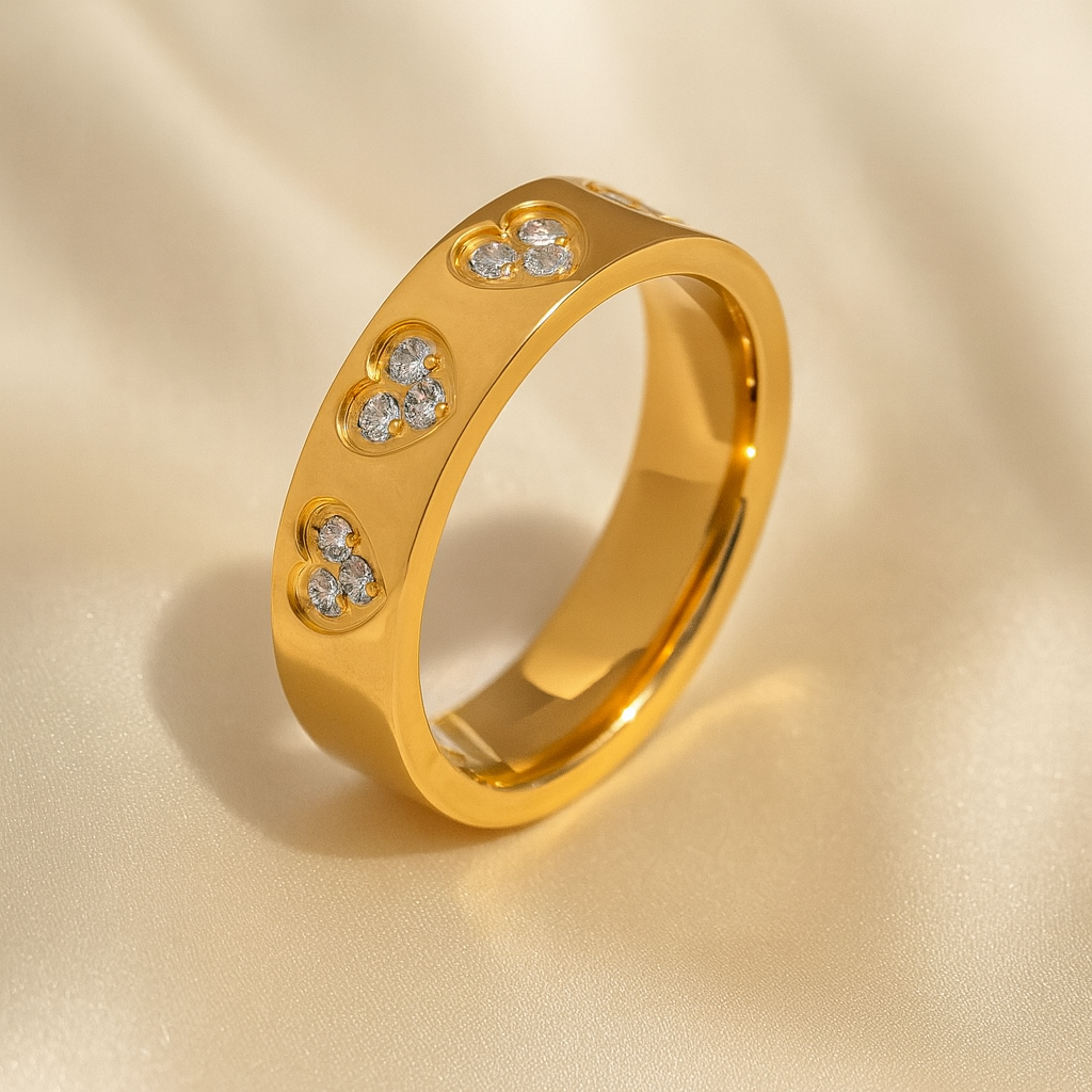 Trinity Gleam Ring | 18 Carat Gold Plated Statement Band with Cubic Zirconia | Masaira Trinity Gleam Ring in 18 carat gold with triple cubic zirconia clusters