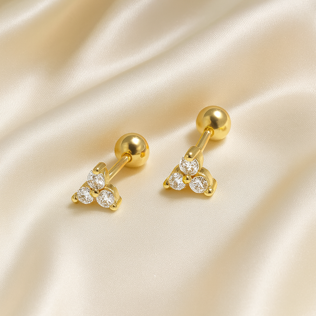 Trinity Gleam Studs | 18 Carat Gold Plated CZ Stud Earrings with Ball Stopper | Masaira Trinity Gleam Studs in 18 carat gold with cubic zirconia stones and ball stopper