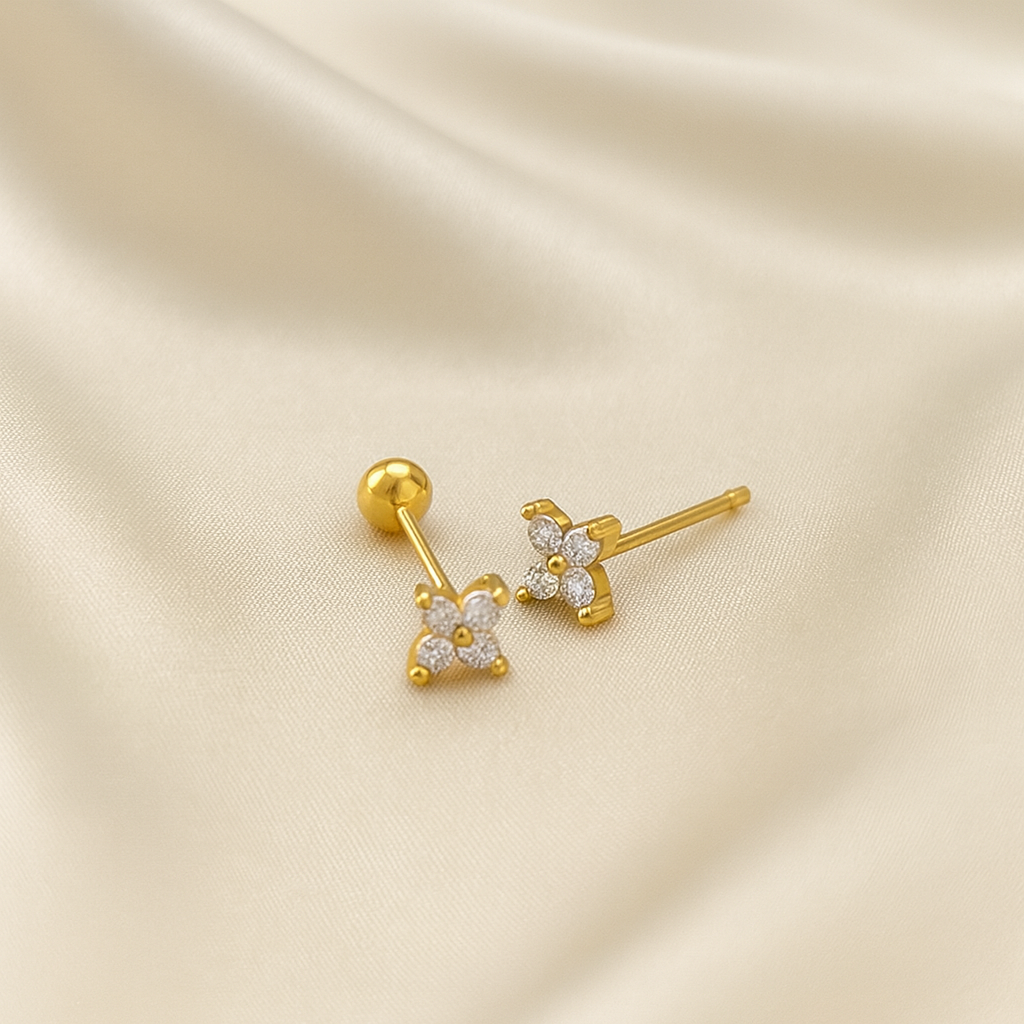 Bloom Stud Earrings | 18 Carat Gold Plated Comfortable Floral Studs | Masaira Bloom Stud Earrings in 18 carat gold with ball stopper and cubic zirconia stones