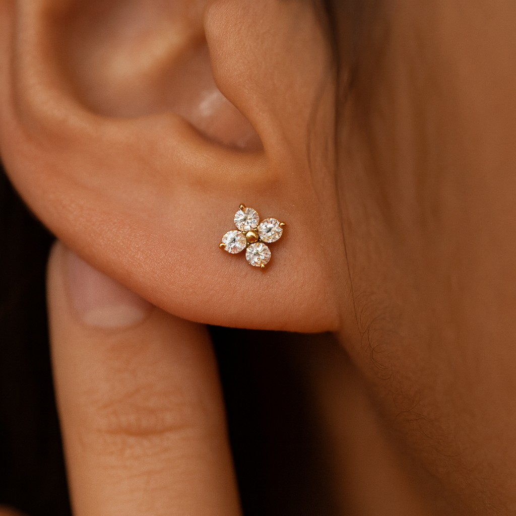 Luster Bloom Stud Earrings | 18 Carat Gold Plated Floral Studs | Masaira Luster Bloom Stud Earrings in 18 carat gold with cubic zirconia stones and ball stopper