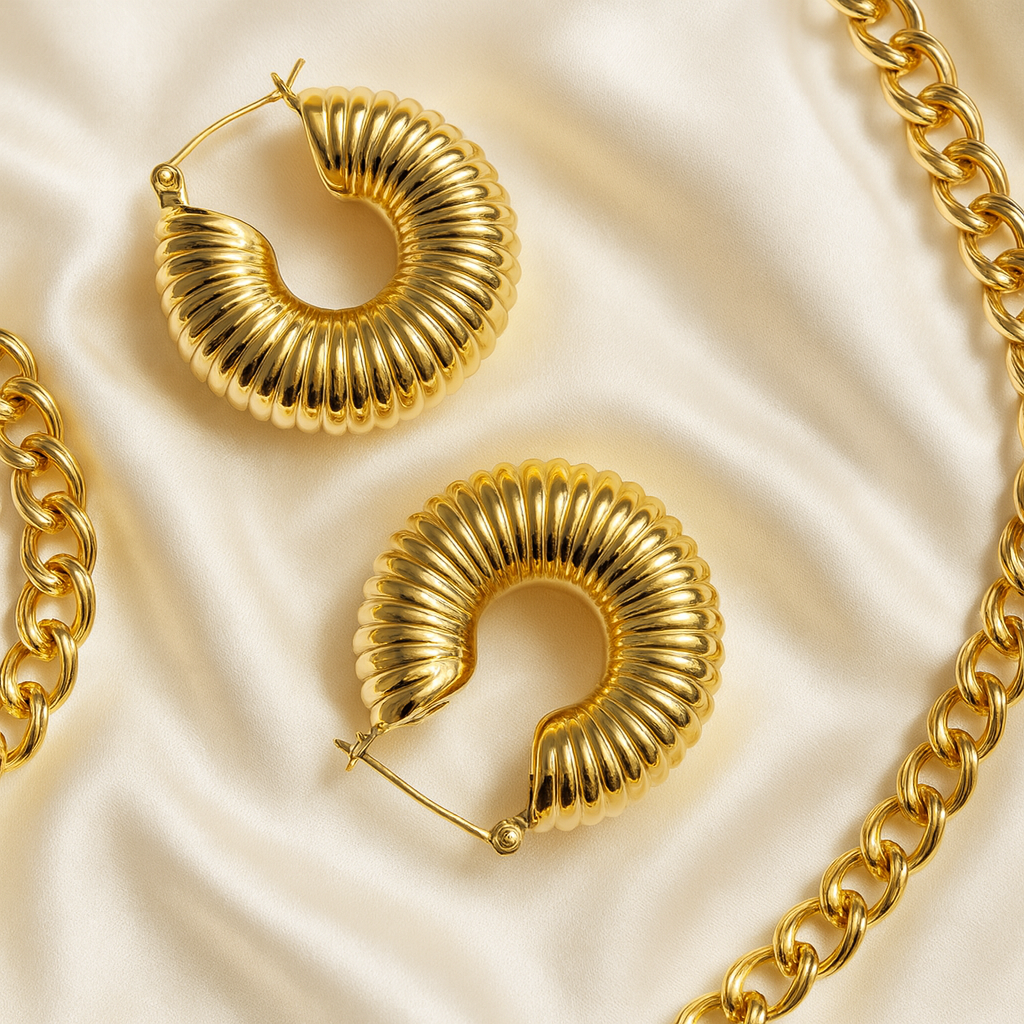 Radiant Ripple Hoops in 18 carat gold with sculpted ridged texture