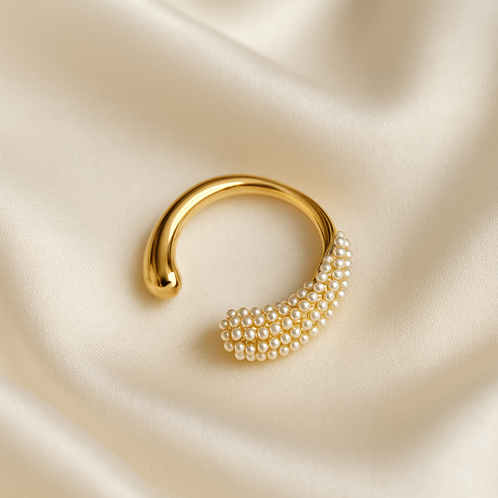 Pearl Crescent Ring | 18 Carat Gold Plated Open Band with Micro-Pearls Pearl Crescent Ring with 18 carat gold plating and clustered micro-pearls on a curved open band