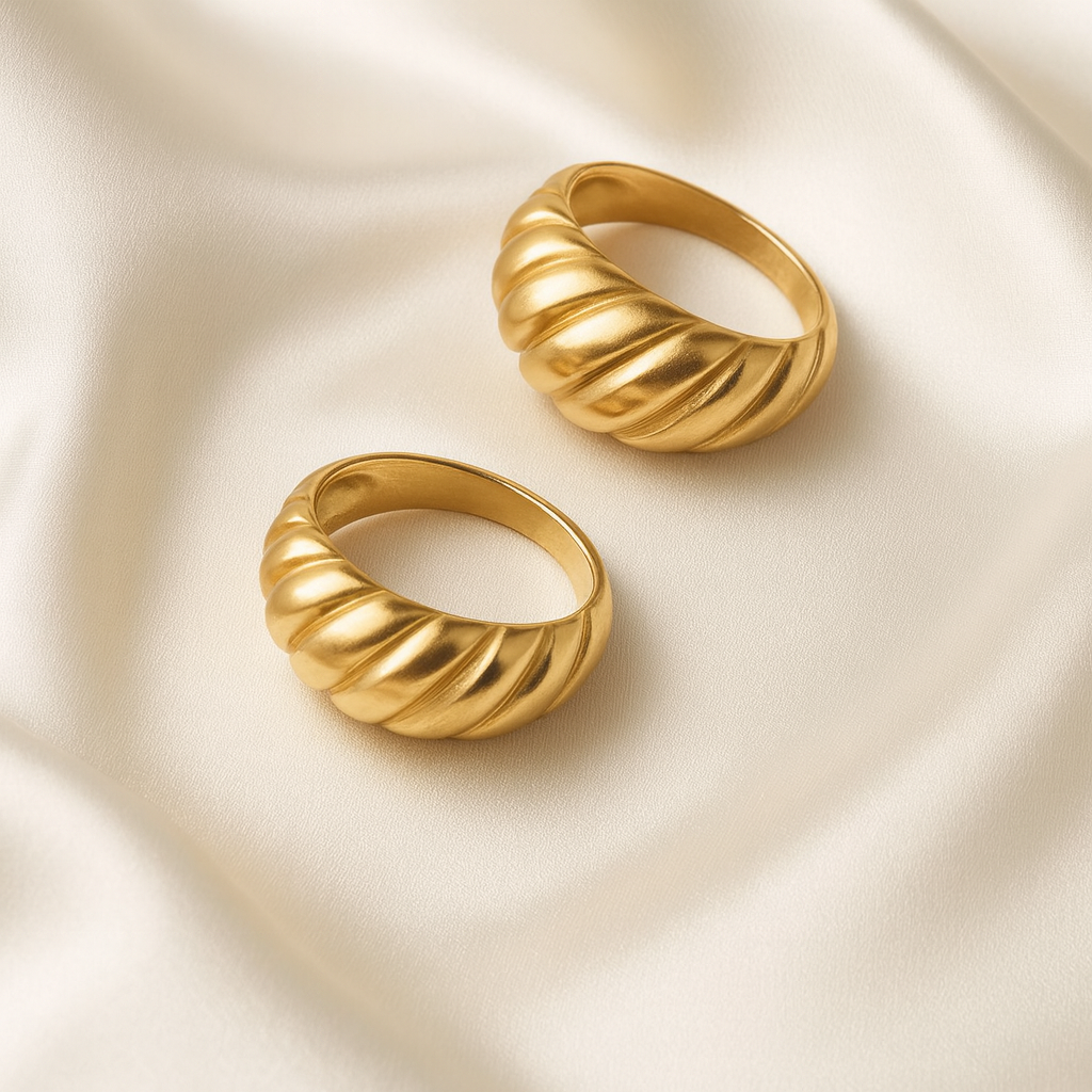 Aurora Swirl Dome Ring | 18 Carat Gold Plated Sculpted Statement Ring Aurora Swirl Dome Ring in 18 carat gold with sculpted swirl texture on a dome band.