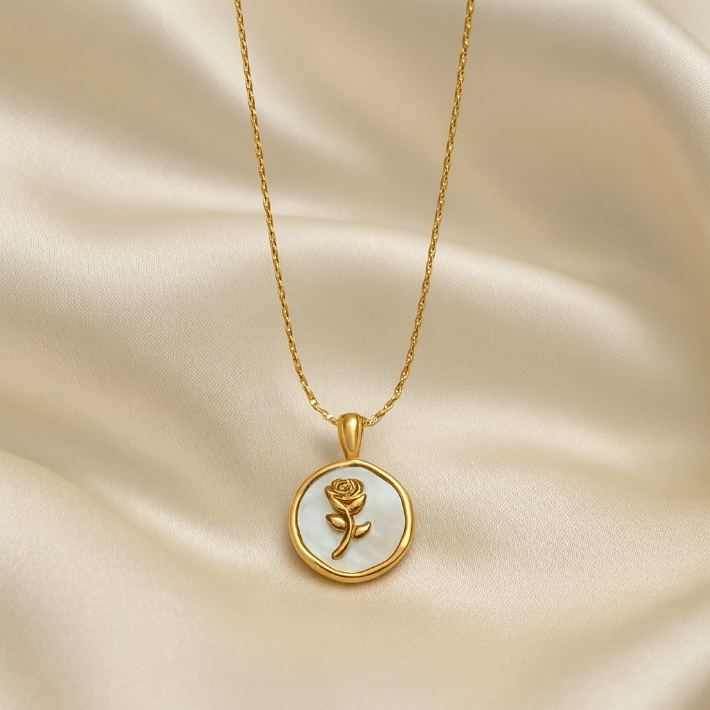 Eternal Bloom Medallion Necklace | 18 Carat Gold Plated Mother-of-Pearl Pendant Eternal Bloom Medallion Necklace with rose motif on mother-of-pearl and 18 carat gold-plated chain