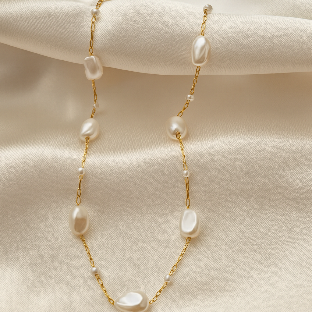 Lustre Pearl Link Necklace | 18 Carat Gold Plated Chain with Organic Pearls Lustre Pearl Link Necklace with irregular pearls on an 18 carat gold-plated chain.