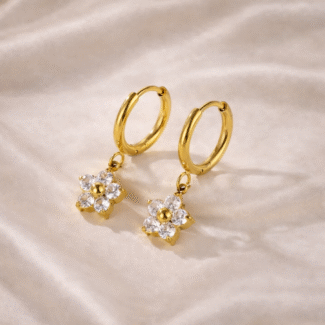 Gold hoop earrings with floral clear zircon drop in stainless steel with 18 carat gold plating, anti-tarnish and hypoallergenic